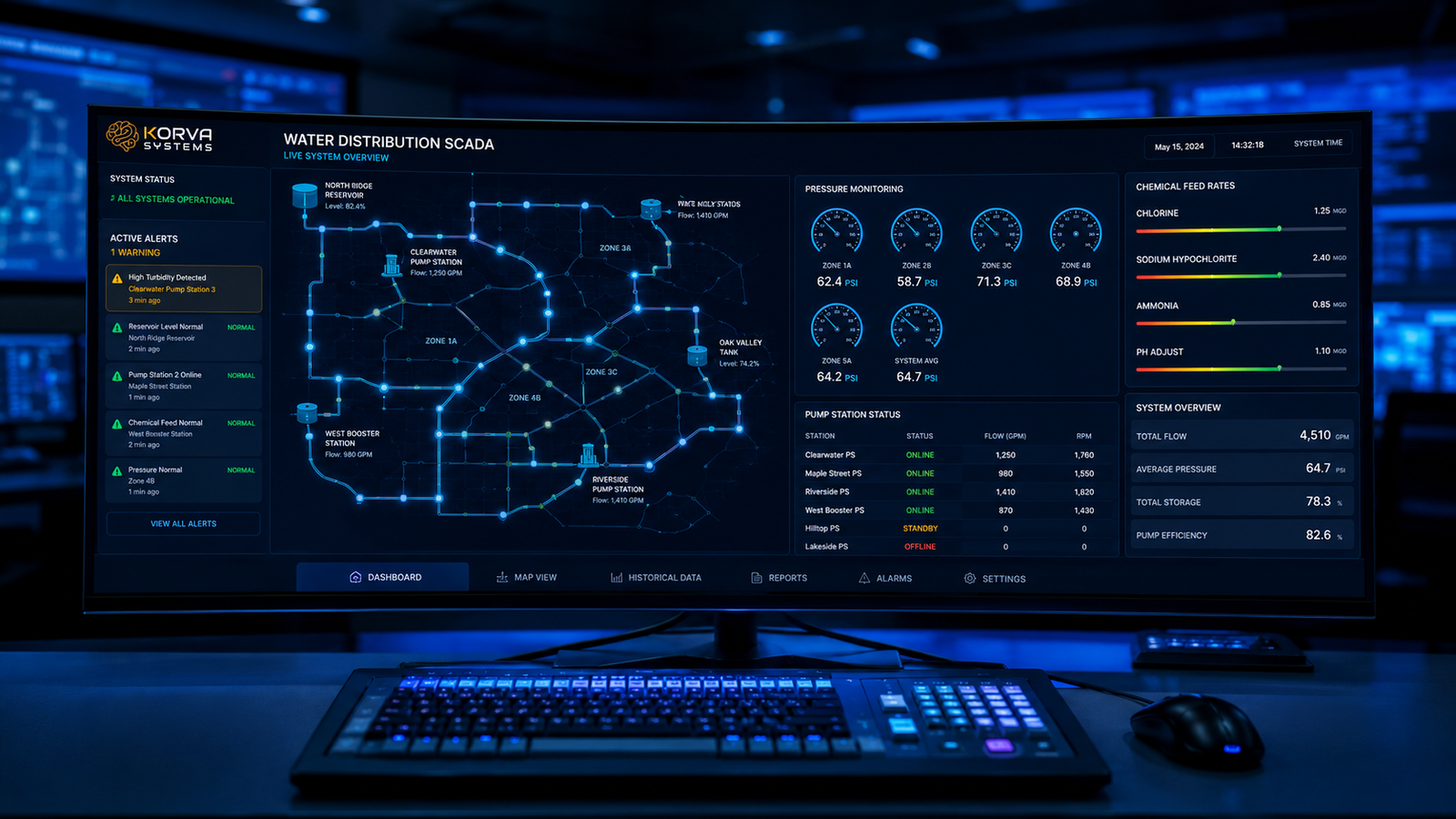 Custom SCADA monitoring dashboard for water utilities showing real-time telemetry, alerts, and technician assignment
